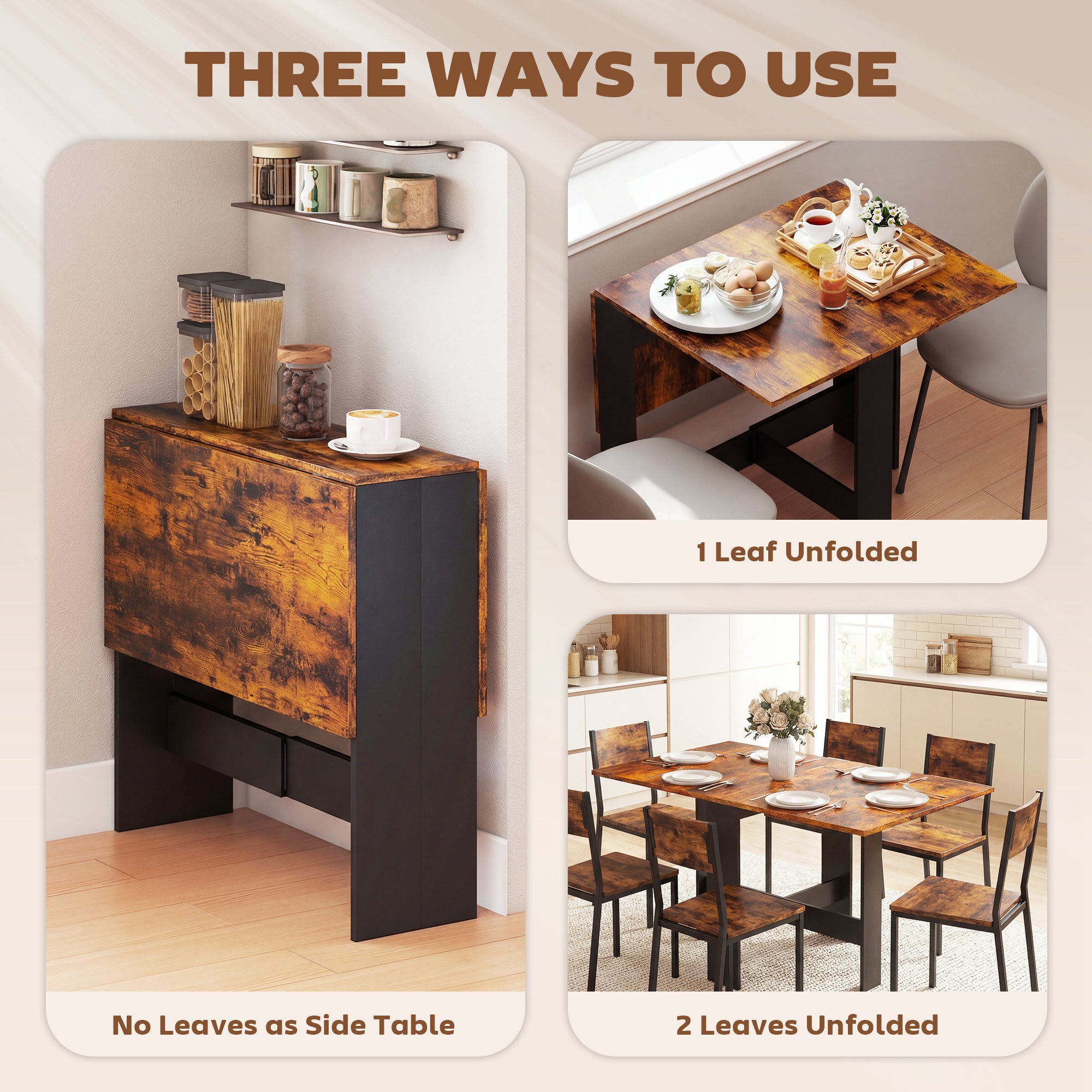HOMCOM Folding Dining Table, Space-Saving Drop Leaf Kitchen Table for 4-6 People Rustic Brown 