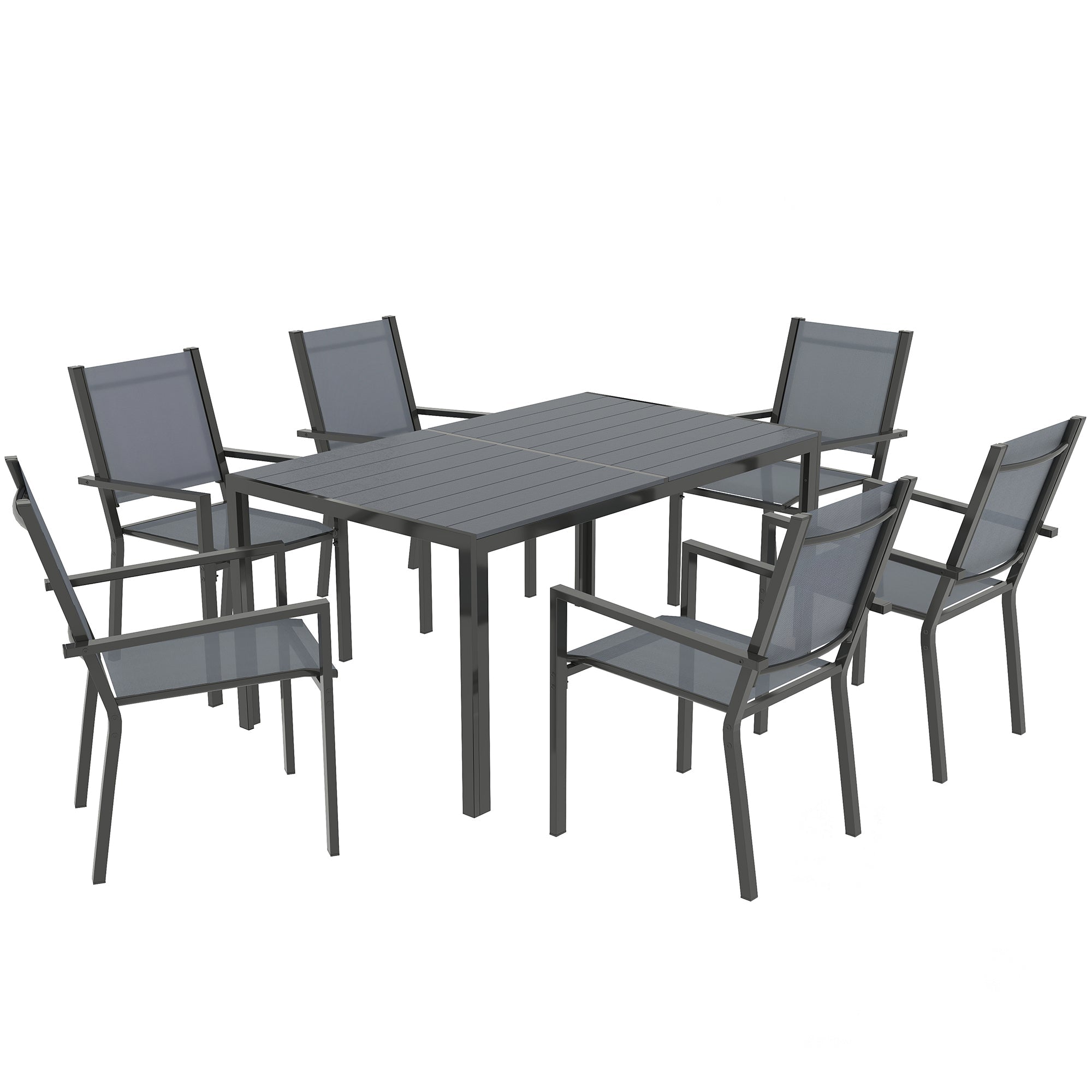 Outsunny 7 Piece Garden Dining Set, Outdoor Furniture Set with 6 Stackable Chairs and 150 cm Rectangle Table, WPC Slatted Top, Rust-Resistant Steel Frame, for Garden, Porch, Terrace 