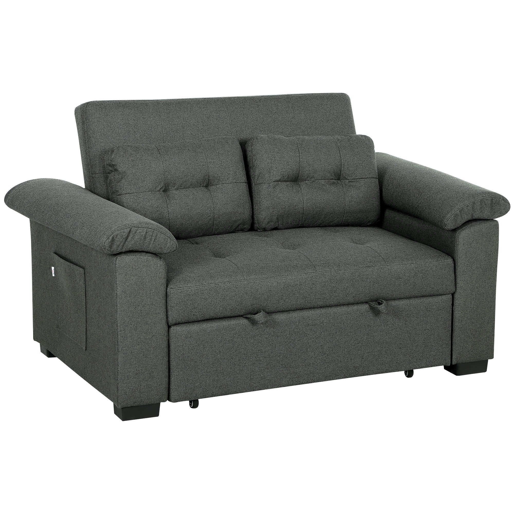 HOMCOM Pull Out Sofa Bed with 2 Pocket Springs, Fabric 2 Seater Click Clack Sofa Bed Settee, Convertible Sofa Couch with Pillows and Side Pockets for Living Room, Home Office, Charcoal Grey 