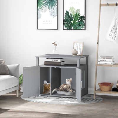 PawHut Wooden Cat Litter Box Enclosure Furniture with Adjustable Interior Wall & Large Tabletop for Nightstand, Grey 