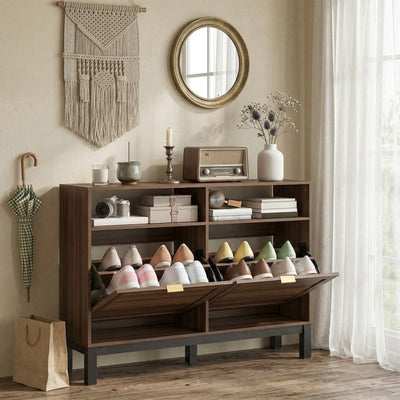 HOMCOM Shoe Cabinet with 2 Flip Drawers, Narrow Shoe Storage Top for Entryway Hallway, Rustic Brown 