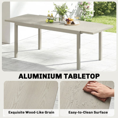 Outsunny Extending Garden Table, Aluminium Outdoor Dining Table for 8-10 with Wood-Like Grained Surface, Light Grey Wood Effect 
