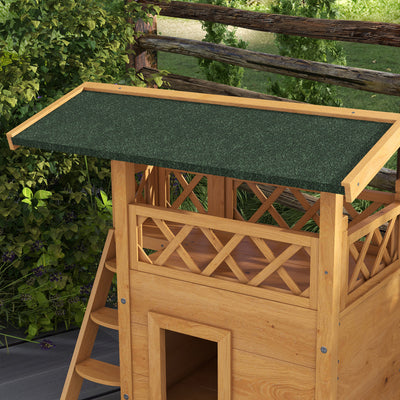 PawHut Cat House Outdoor w/ Balcony Stairs Roof, 77 x 50 x 73 cm, Natural Wood Finish 