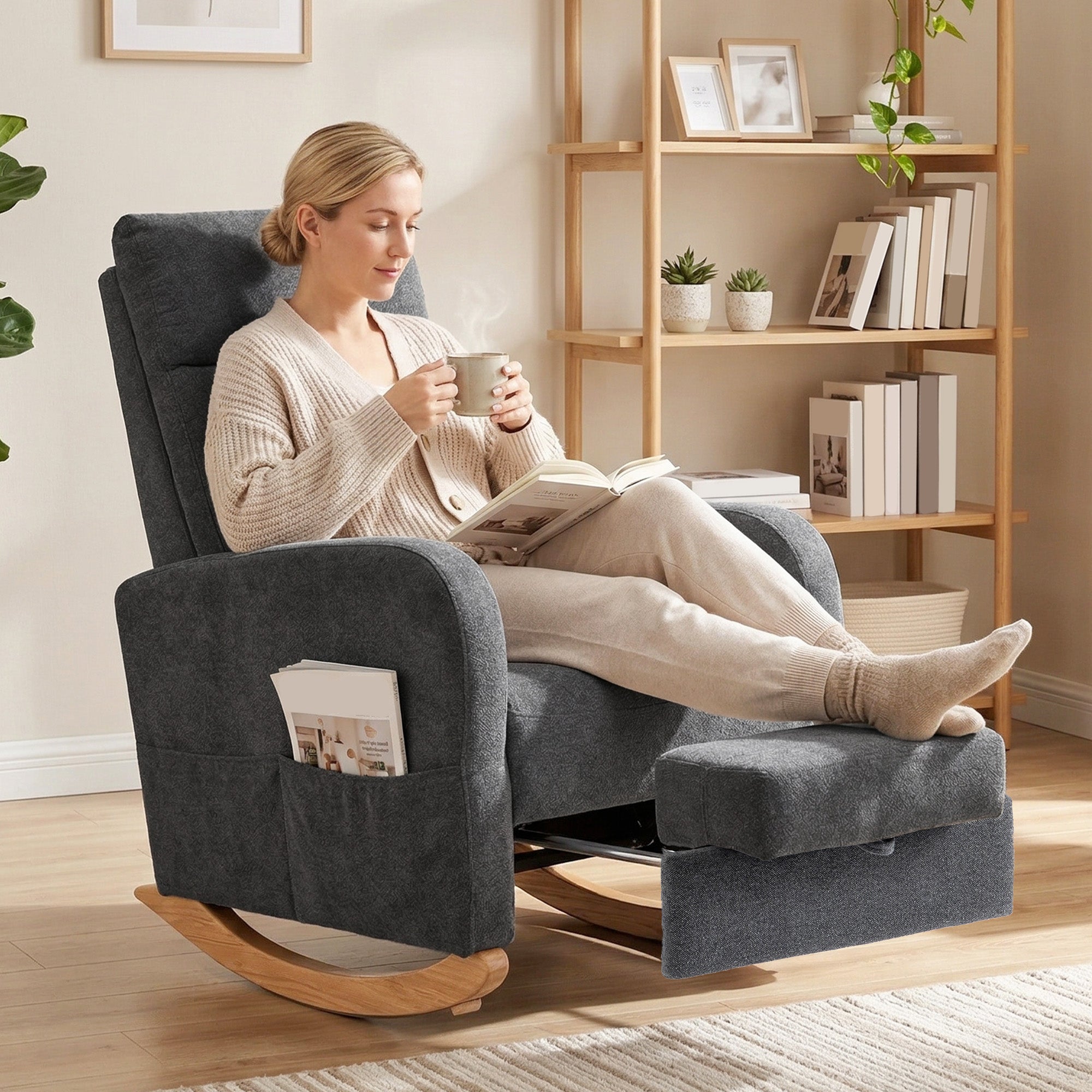 HOMCOM Upholstered Rocking Chair Retractable Footrest Rocker Chair High Back for Living Room Grey 