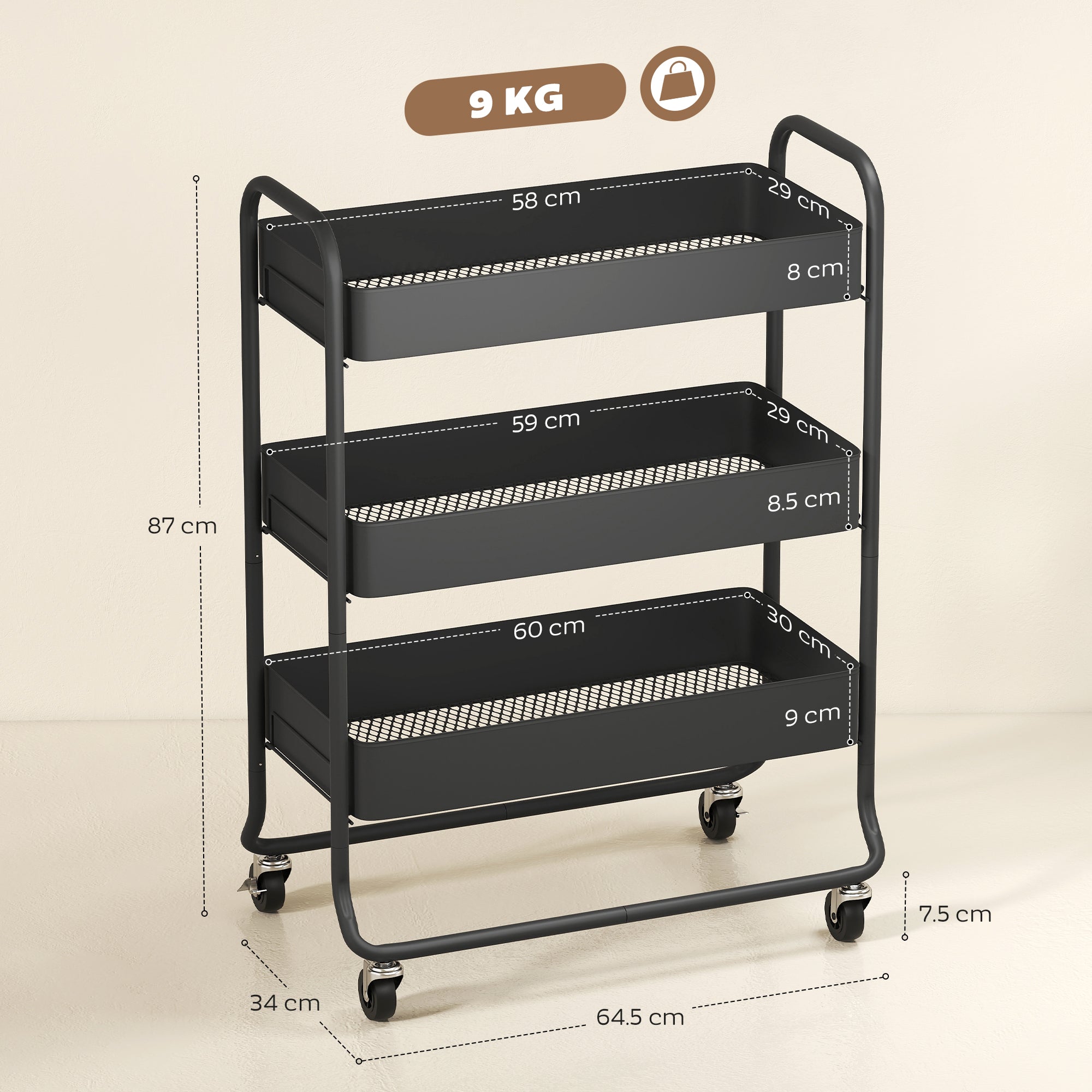 HOMCOM 3-Tier Storage Trolley on Wheels, Rolling Utility Cart with Mesh Backets for Kitchen, Bathroom, Bedroom, Black 