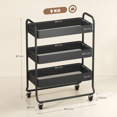 HOMCOM 3-Tier Storage Trolley on Wheels, Rolling Utility Cart with Mesh Backets for Kitchen, Bathroom, Bedroom, Black 