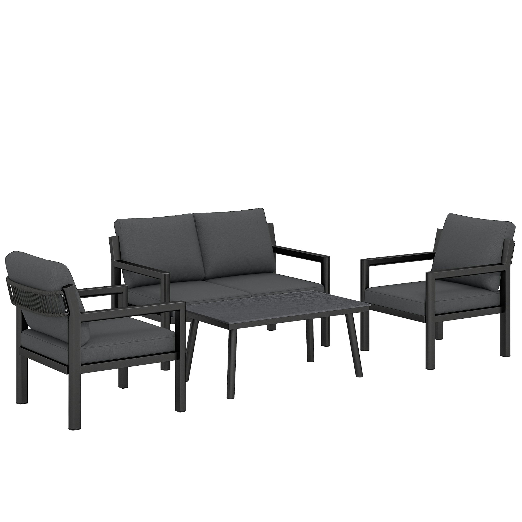 Outsunny 4 Seater Rattan Garden Furniture Set with 2 Armchairs, Loveseat, Coffee Table, Garden Sofa Set with Cushions, Dark Grey 