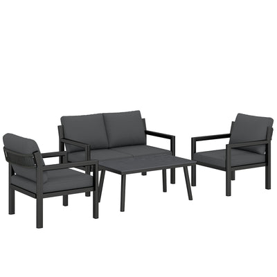 Outsunny 4 Seater Rattan Garden Furniture Set with 2 Armchairs, Loveseat, Coffee Table, Garden Sofa Set with Cushions, Dark Grey 