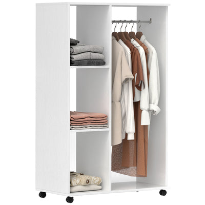HOMCOM Open Wardrobe on Wheels, Bedroom Wardrobe with Clothes Hanging Rail, 3 Storage Shelves, Mobile Garment Rack for Cloakroom, Hallway, White 