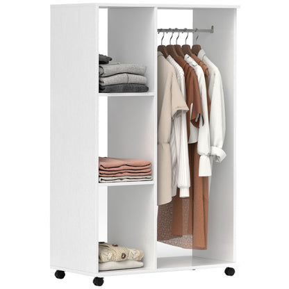 HOMCOM Open Wardrobe on Wheels, Bedroom Wardrobe with Clothes Hanging Rail, 3 Storage Shelves, Mobile Garment Rack for Cloakroom, Hallway, White 
