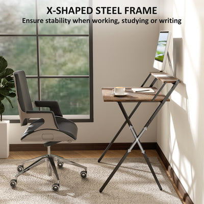 HOMCOM 81.5 cm Folding Computer Desk with Monitor Shelf - Rustic Brown 