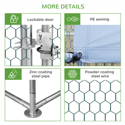 PawHut Chicken Run Galvanised Walk-in Chicken Coop Hen Poultry House Cage Rabbit Hutch with Water-Resist Cover, 3 x 8 x 2m 
