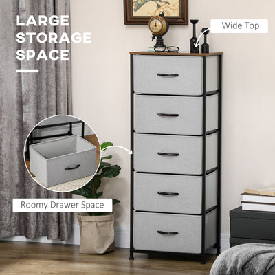 HOMCOM Fabric Chest of Drawers, Storage Drawers, Industrial Bedroom Dresser with 5 Fabric Drawers, Steel Frame and Wooden Top for Nursery, Living Room, Hallway, Grey 
