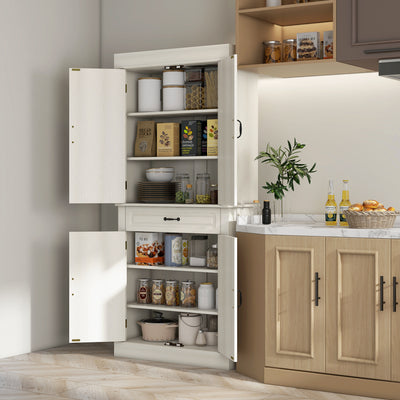HOMCOM Kitchen Cupboard with 4 Doors, Freestanding Storage Cabinet with Wide Drawer and Shelves for Living Room, 180cm, White Wood Grain 