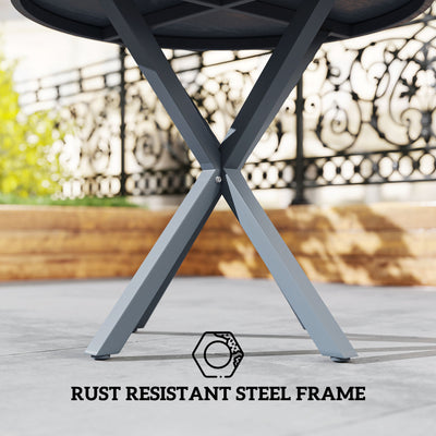 Outsunny Garden Table, 85cm Round Outdoor Dining Table with Steel Frame, Wood Effect Top, for Balcony, Deck, Dark Grey 