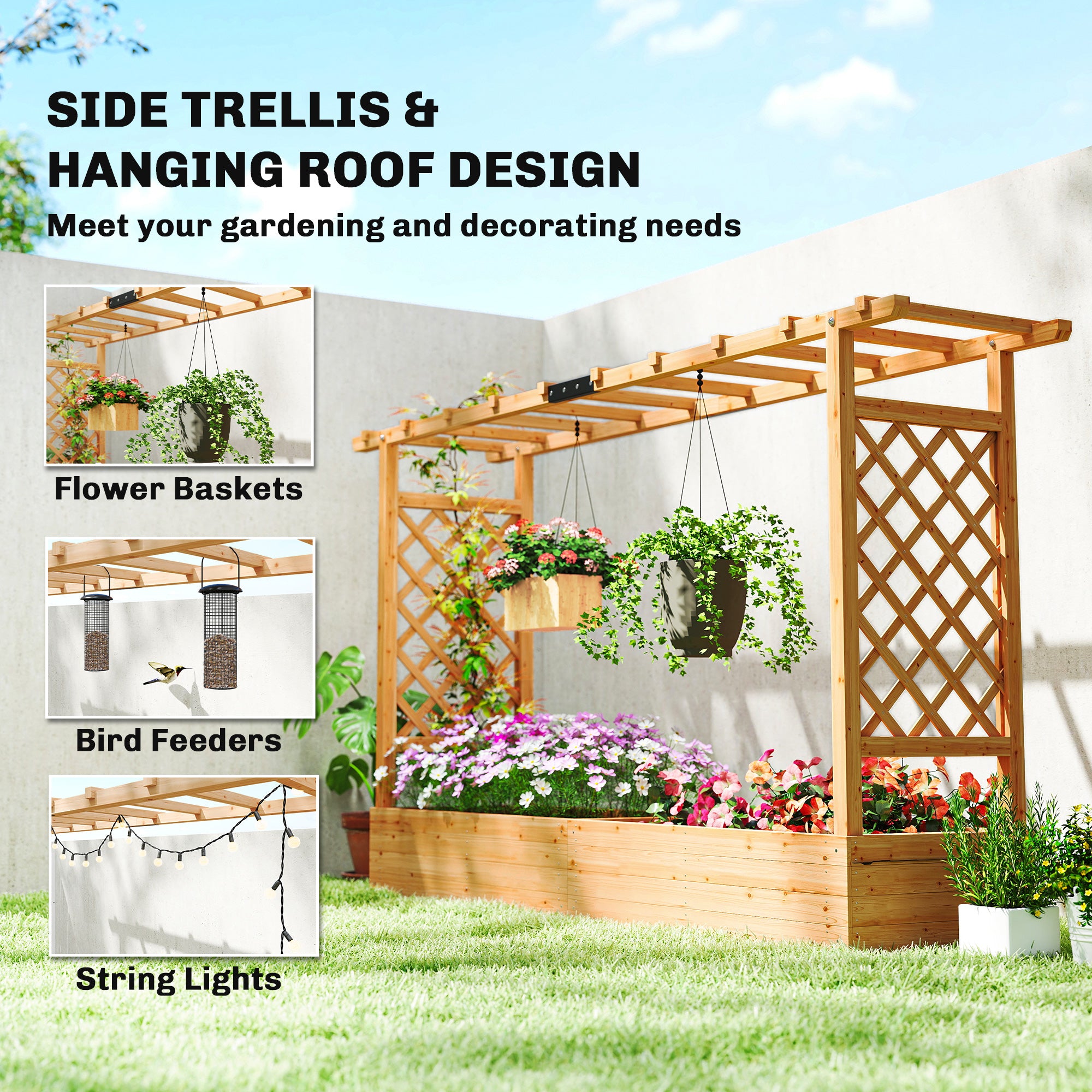 Outsunny Raised Planter with Trellis, Wooden Raised Bed for Garden with Hanging Roof and Drainage Holes, Outdoor Planter Box 