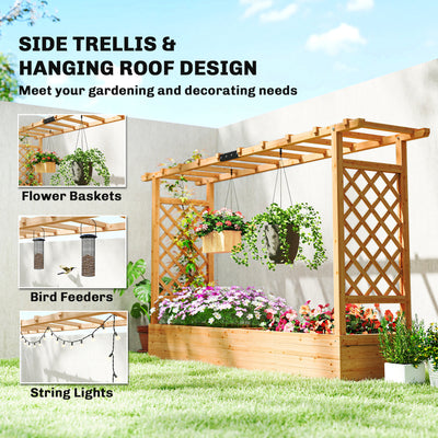 Outsunny Raised Planter with Trellis, Wooden Raised Bed for Garden with Hanging Roof and Drainage Holes, Outdoor Planter Box 