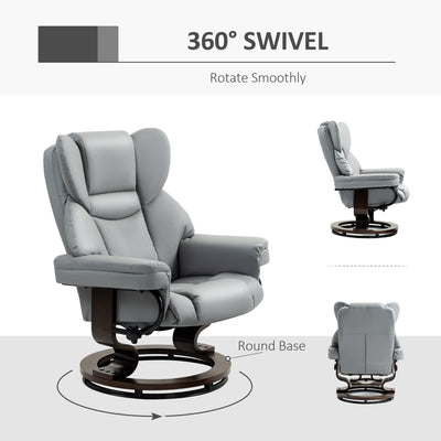HOMCOM Faux Leather Recliner Chair and Footstool, Swivel Upholstered Armchair and Footstool with Adjustable Backrest, Solid Wood Base for Living Room, Light Grey 