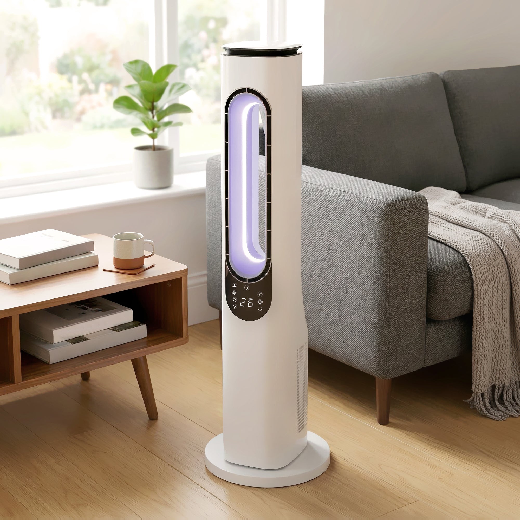 HOMCOM Bladeless Tower Fan for Bedroom, 35dB Standing Cooling Fan with Oscillating, LED Lights, 3 Speeds, 15H Timer, White 
