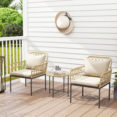 Outsunny 3 Piece Rattan Bistro Set, Wicker Garden Furniture Set with Cushions, Glass Top Coffee Table and Chairs for Outdoor, Patio, Balcony, Beige 