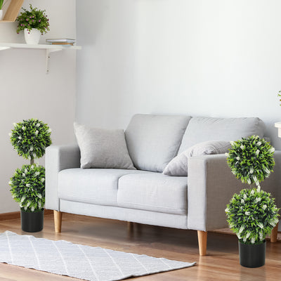 HOMCOM Set of 2 Decorative Artificial Plants Ball Trees with Lavender Flowers in Pot Fake Plants for Home Indoor Outdoor Decor, 70cm, White 