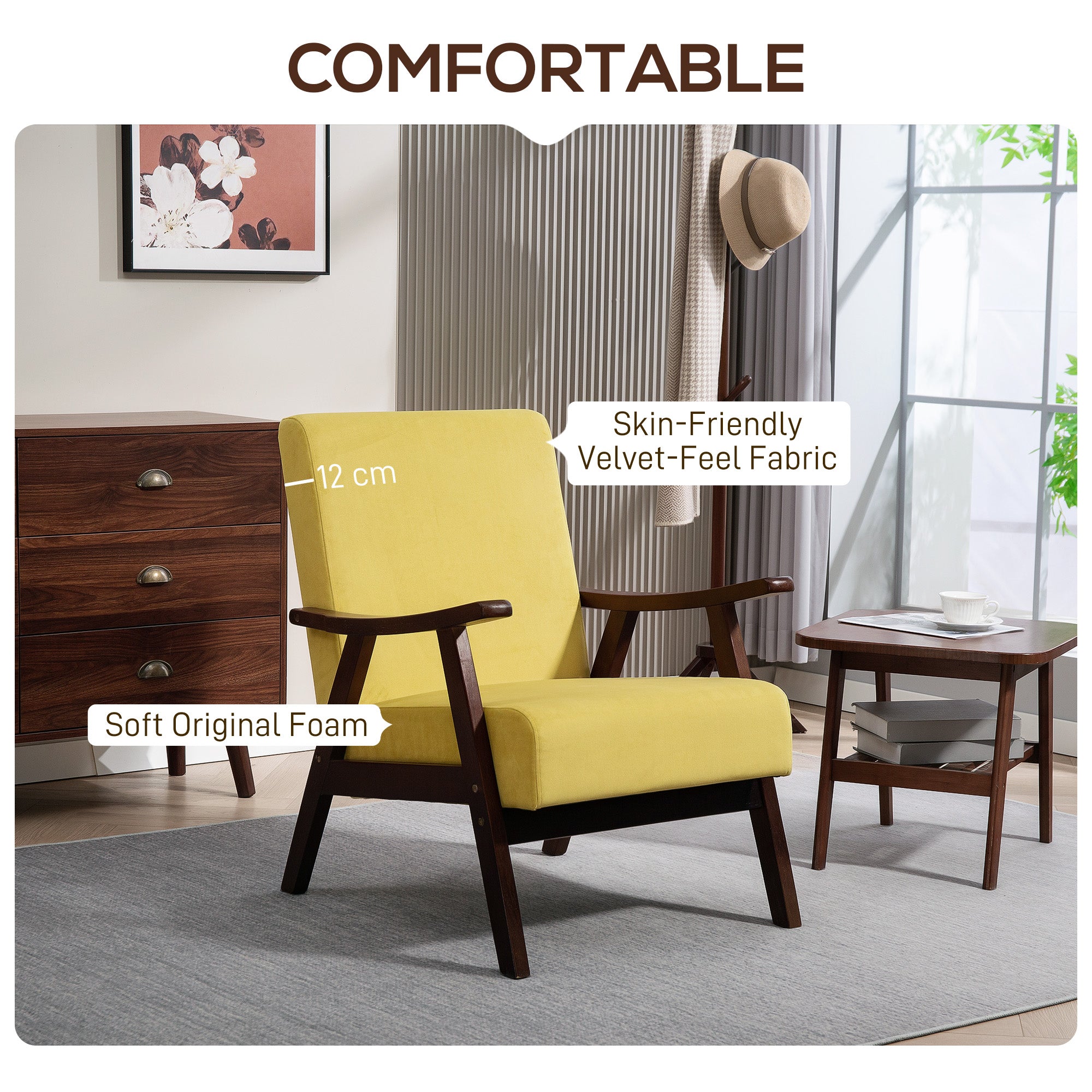 HOMCOM Nordic Accent Chair, Upholstered Velvet Armchair with Solid Wood Frame and Soft Thick Padded for Living Room, Bedroom, Champagne 