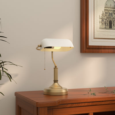 HOMCOM Banker's Desk Lamp with Antique Bronze Tone Base, Table Lamp with White Glass Shade for Home Office, White 