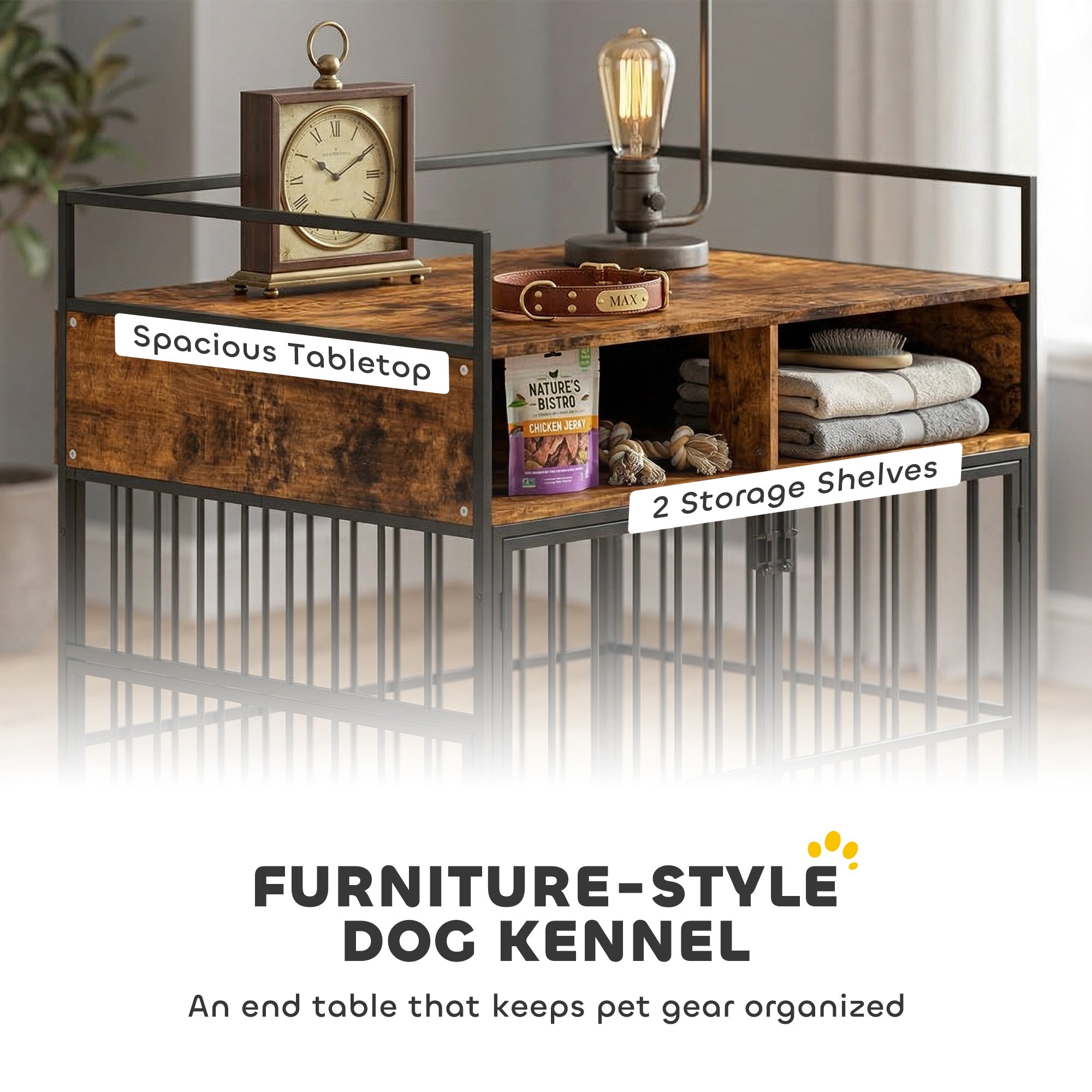 PawHut Dog Crate Furniture, Dog Cage with Rotatable Feeding Station and Storage Shelves, End Side Table Indoor Pet Kenne 