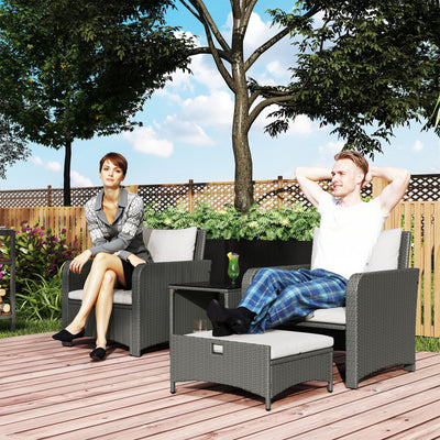 Outsunny Five Piece Rattan Garden Furniture Set with 2-Tier Coffee Table and Ottomans  - Cream White 