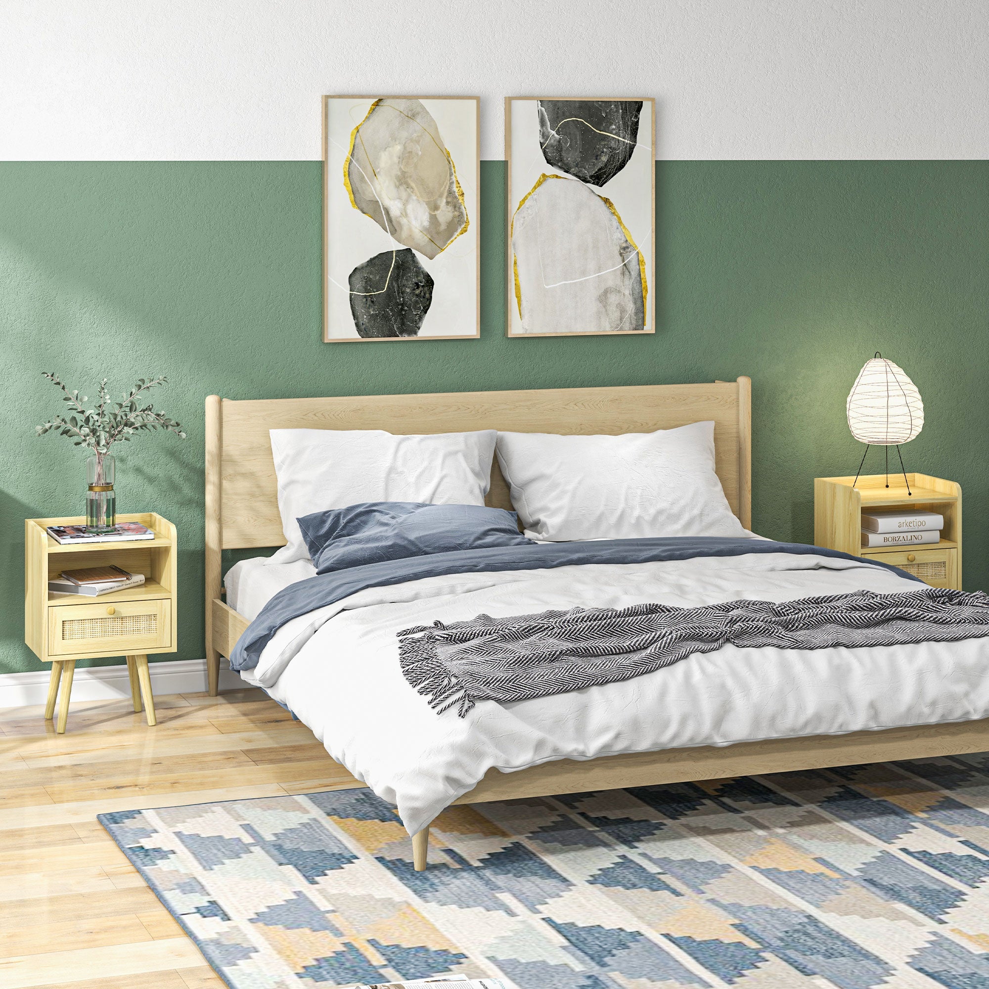 HOMCOM Set of Two Rattan Weave Bedside Tables - Wood Effect 