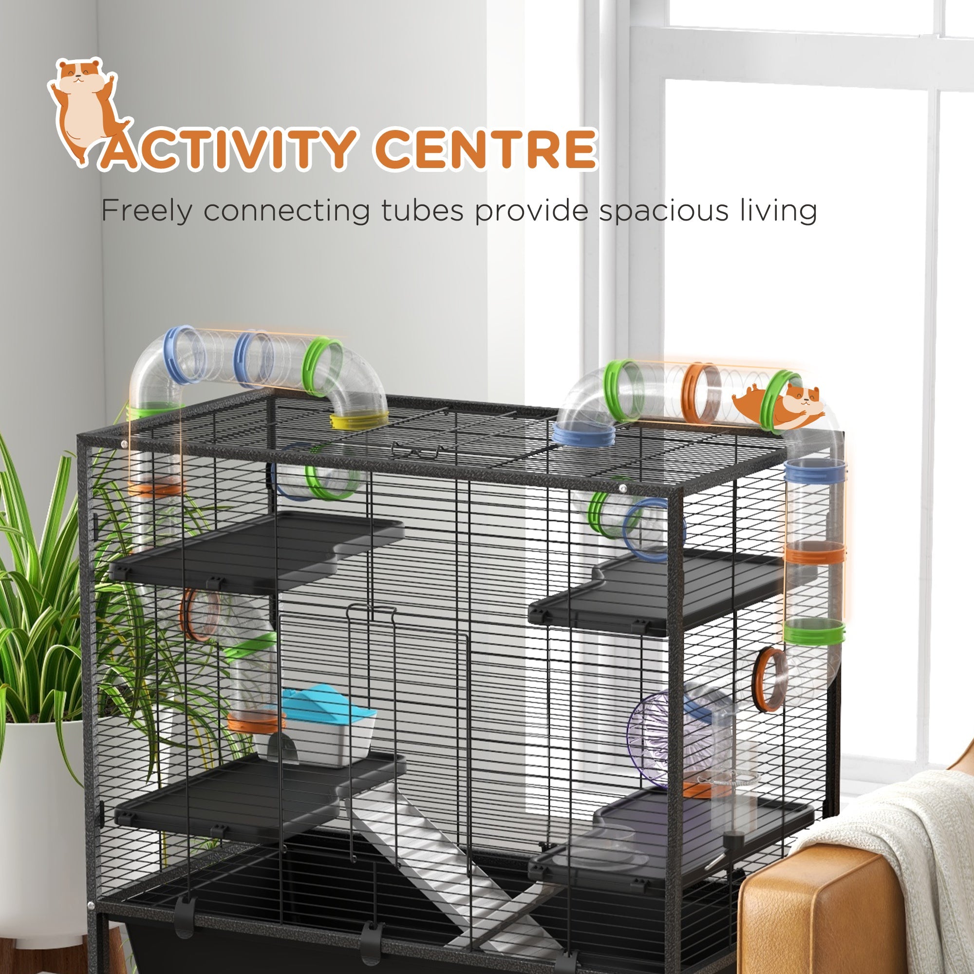 PawHut Large Hamster Cage, Gerbil Cage with Tubes, Storage Shelf, Ramps, Platforms, Running Wheel - Black 