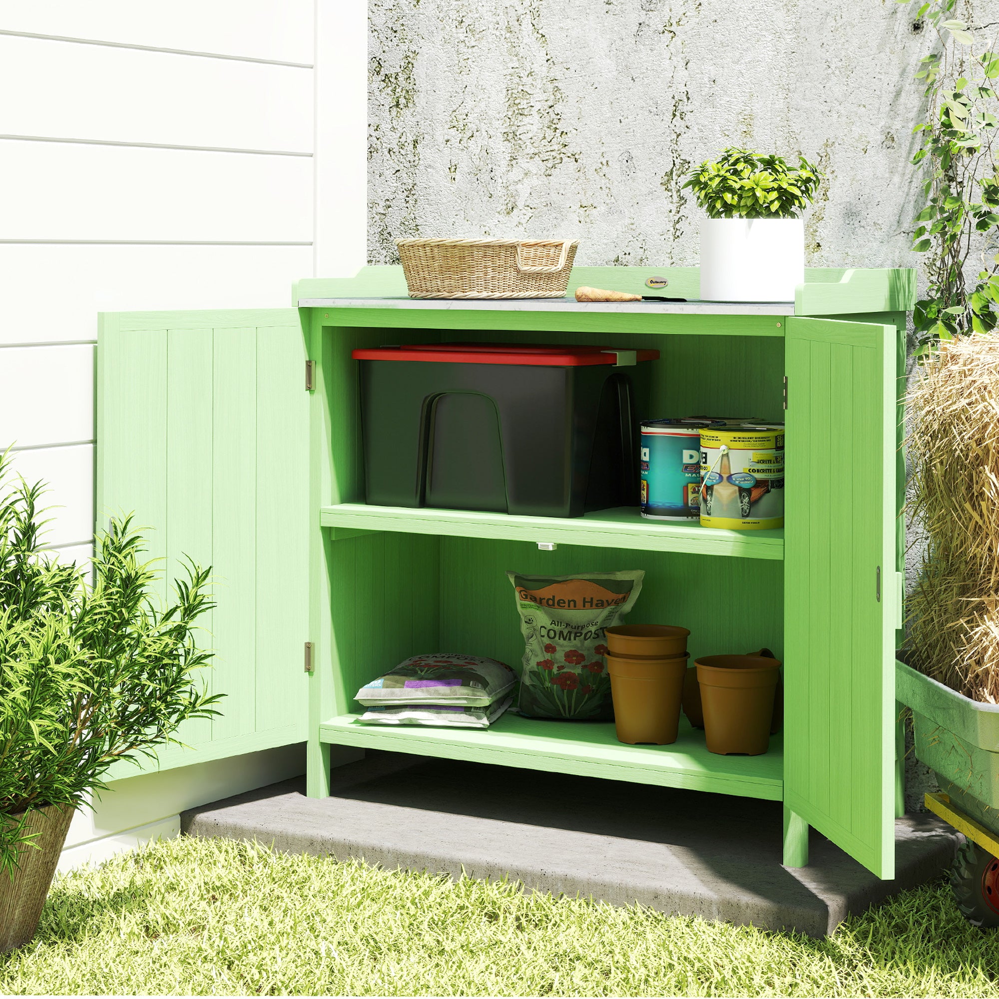 Outsunny Wood Garden Storage Cabinet, Outdoor Tool Shed, Potting Bench Table with galvanised Top and Two Shelves for garden Tools or Pool Accessories, Green 