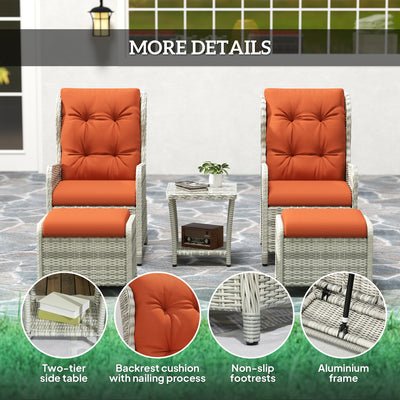 Outsunny 5 Pieces Rattan Bistro Set with Adjustable Back, Reclining Wicker Balcony Furniture with Cushions, Glass Top Coffee Table and Footstools, Outdoor Table and Chairs, Orange 