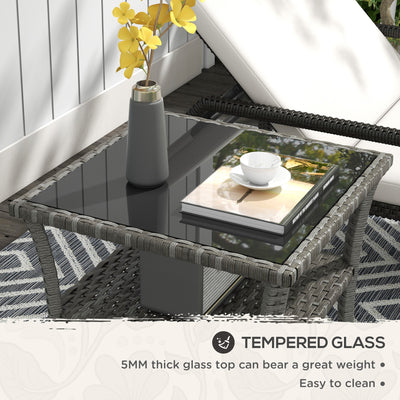 Outsunny 50cm Outdoor PE Rattan Coffee Table, Patio Wicker Two-tier Side Table with Glass Top, for Patio, Garden, Balcony, Grey 