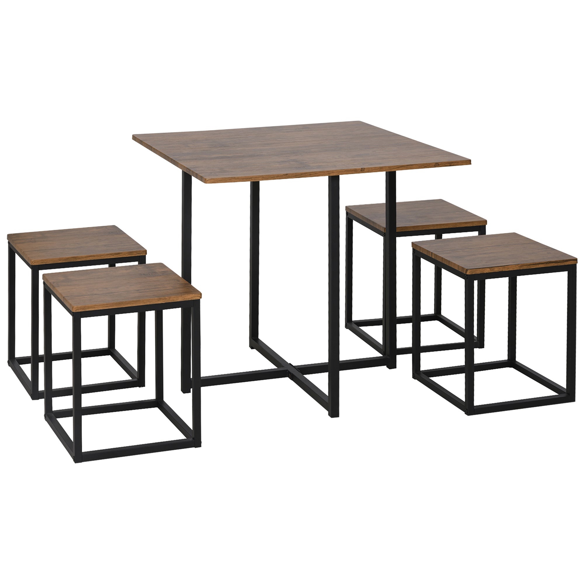 HOMCOM 5 Piece Dining Table and Chairs Set 4, Industrial Space Saving Table and Chairs with Metal Frame, Square Kitchen Table and Stools for Dining Room, Brown 