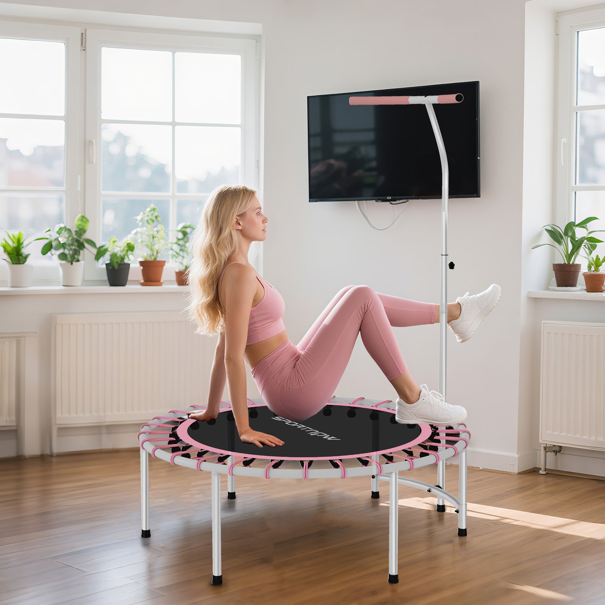 SPORTNOW 40" Fitness Trampoline, Mini Rebounder Trampoline for Adults with 5-Level Adjustable Handle, Indoor Exercise Bungee Rebounder, Max Load 100KG, Pink