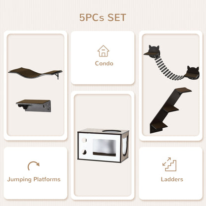 PawHut 5 Piece Cat Wall Shelves, Wall-Mounted Cat Tree for Indoor Use - Brown 
