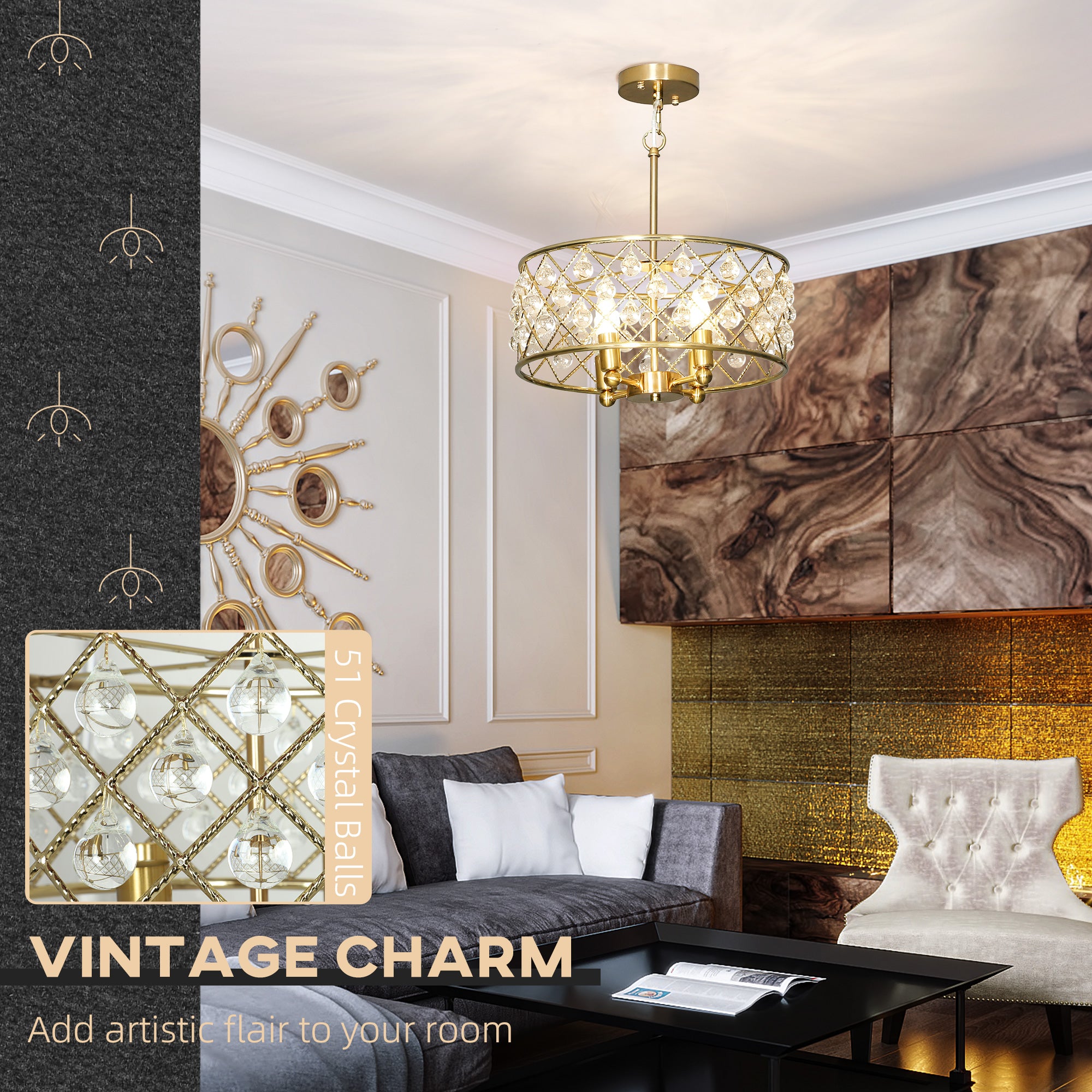 HOMCOM 51 Crystallite Four-Bulb Chandelier - Gold-Tone 
