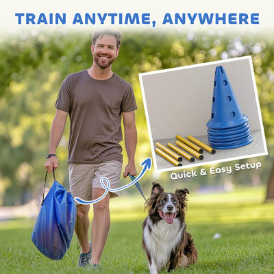 PawHut Dog Agility Equipment Set of Six Cones, Six Poles with Carry Bag, Three-Piece Adjustable Height Jumping Obstacles, Blue 