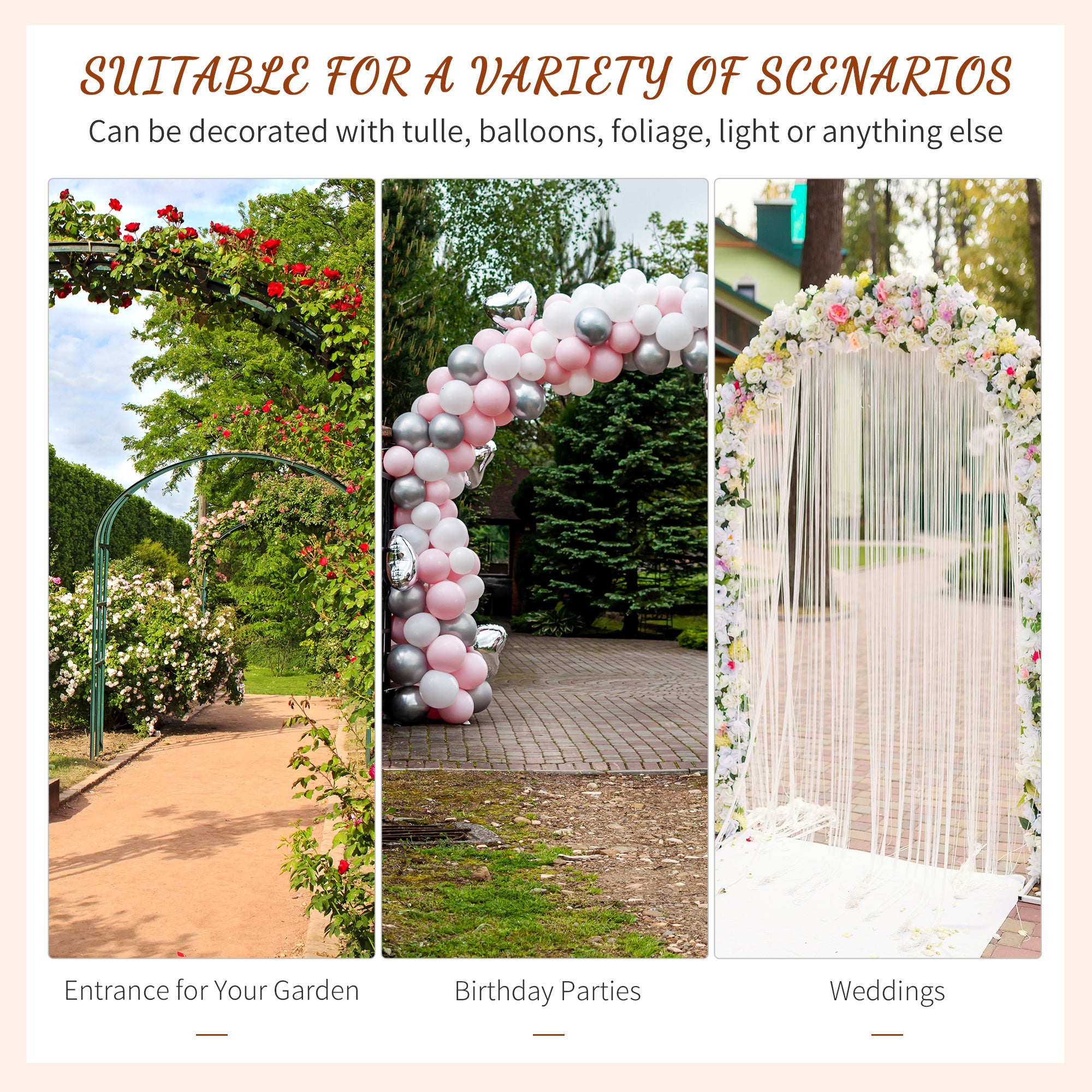 Outsunny 210cm Decorative Metal Garden Trellis Arch with Durable Steel Tubing & Elegant Scrollwork, Great for Weddings, Dark Gre 