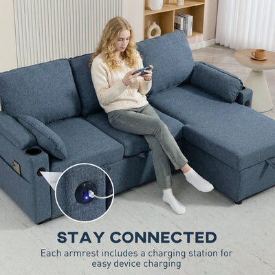 HOMCOM Corner Sofa Bed, L Shaped Sleeper Sectional Sofa with Reversible Storage Chaise, Blue 