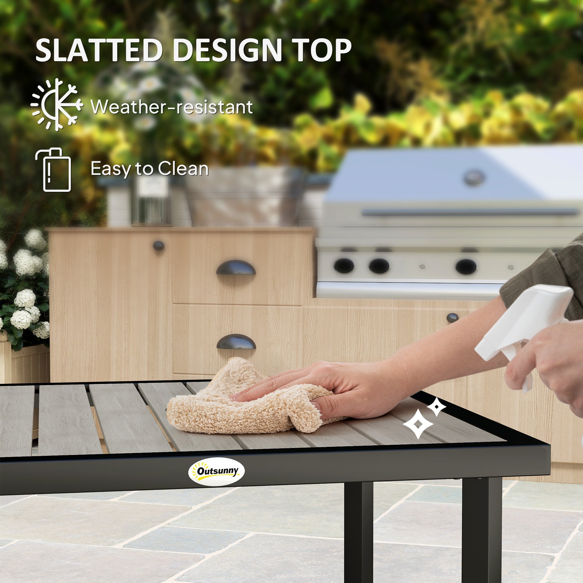 Outsunny Square Garden Dining Table with 5.4cm Parasol Hole, Slatted Top, Metal Frame, 86 x 86 x 71 cm, Light Grey 