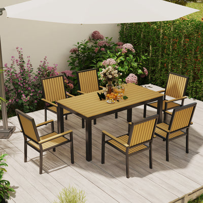 Outsunny 6 Seater Garden Dining Set with Stackable Chairs, Aluminium Frame, Rectangular Plastic Top, Garden Furniture Set, Outdoor Dining Table and Chairs for Patio, Balcony, Poolside, Nature Wood 