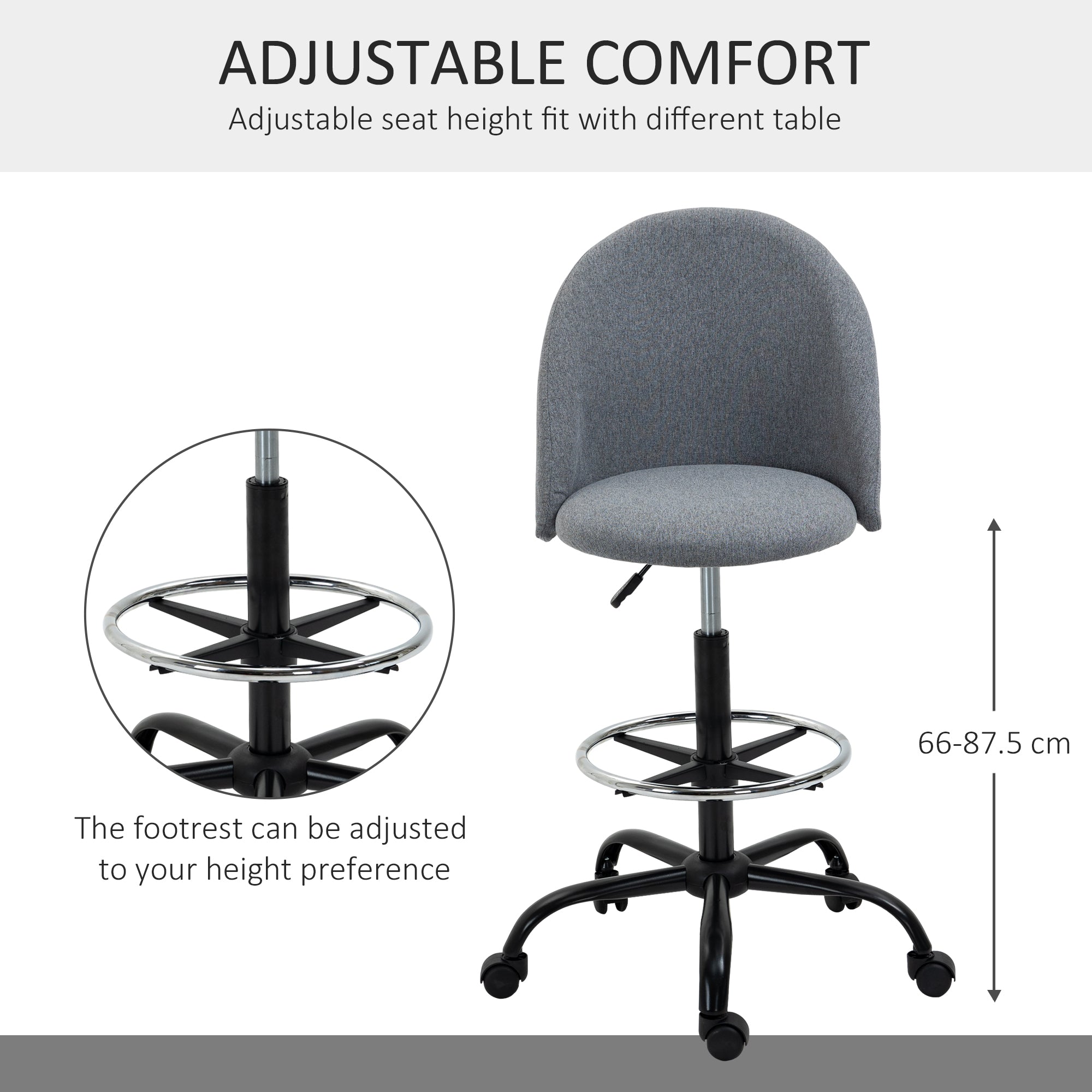 Vinsetto Ergonomic Drafting chair Adjustable Height w/ 5 Wheels Padded Seat Footrest 360° Swivel Freely Comfortable Versatile Use For Home Office - Grey 