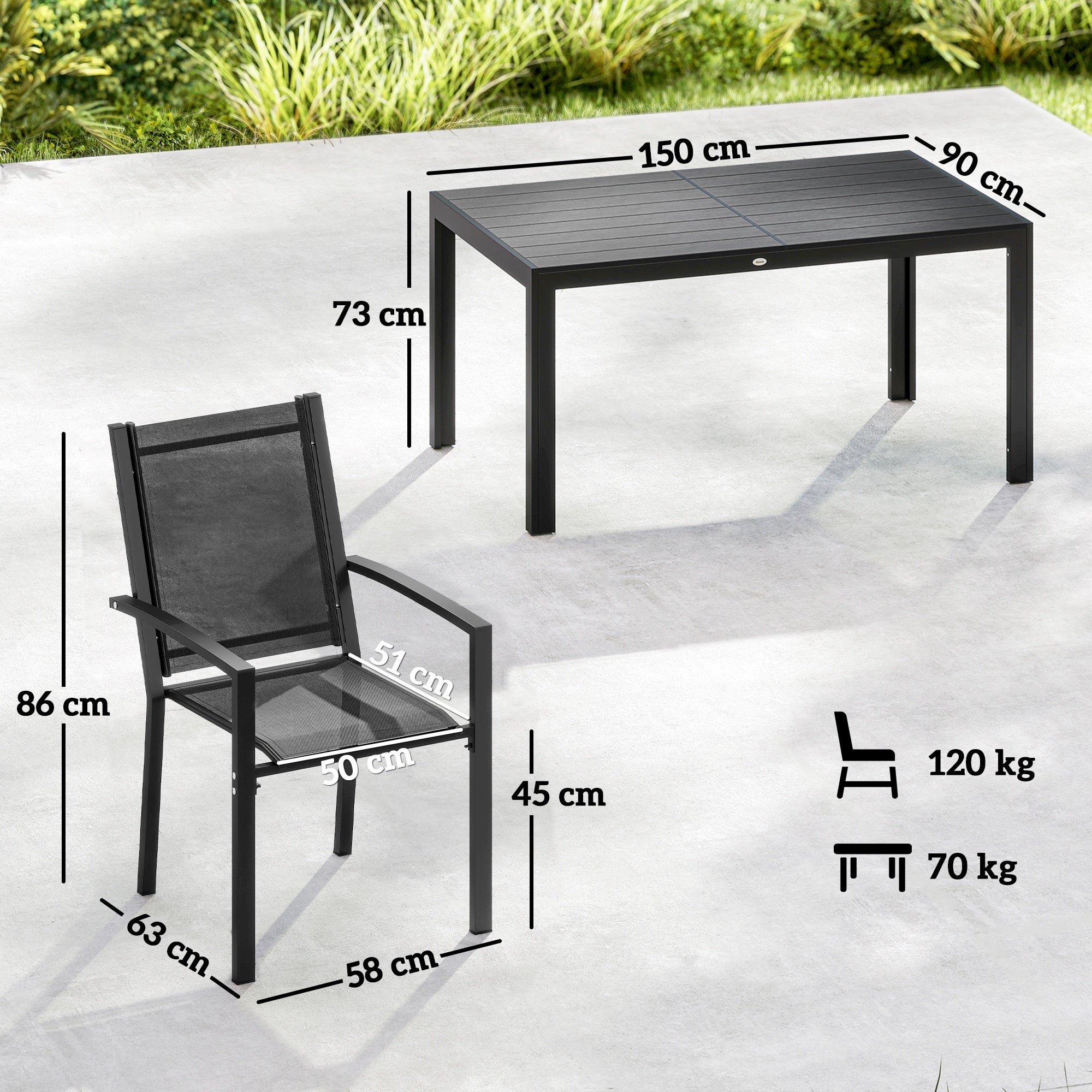 Outsunny Seven-Piece Garden Dining Set, with Plastic Wood-Top Table - Black 