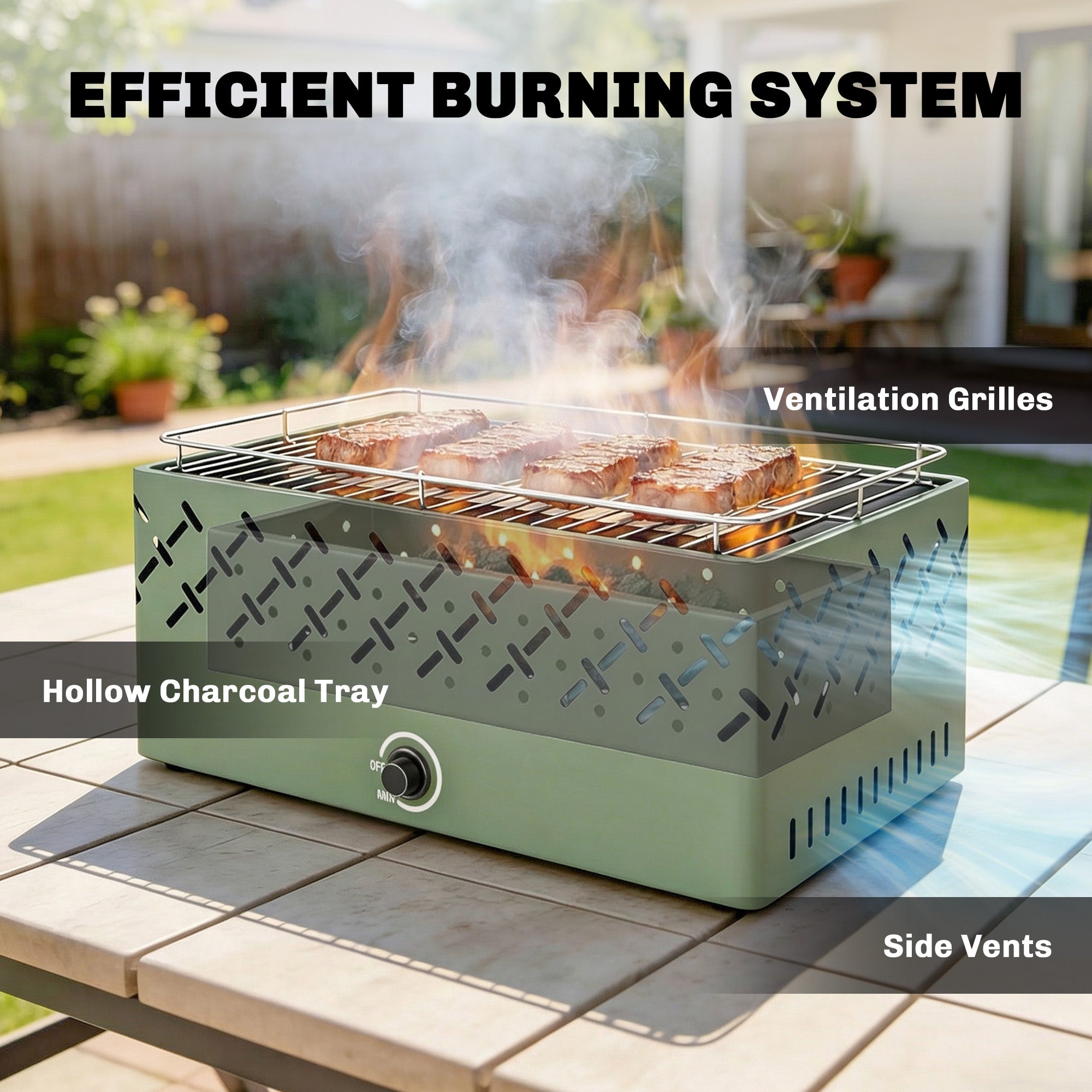 Outsunny Portable Charcoal BBQ Grill, Battery Powered Barbecue Grill with Built-in Fan for Camping Picnic, Light Green 