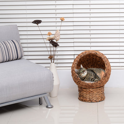 PawHut Wicker Cat Bed, Raised Rattan Cat Basket with Cylindrical Base, Soft Washable Cushion, 42 x 33 x 52cm - Brown 