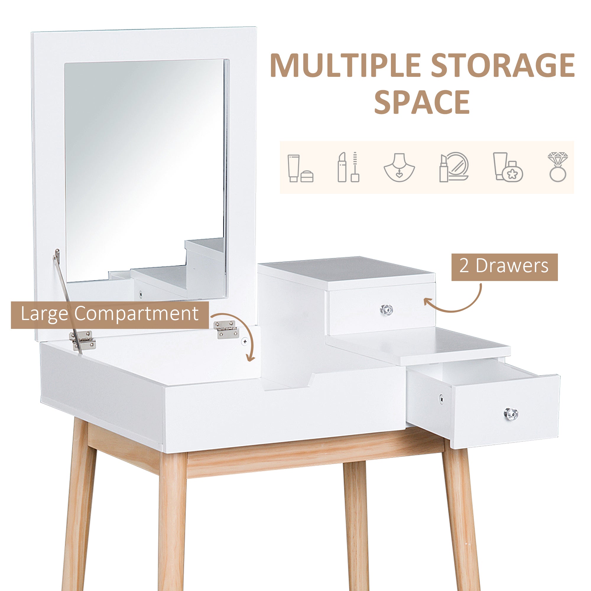 HOMCOM Dressing Table with Flip-up Mirror, Makeup Desk with 2 Drawers, Vanity Table Writing Desk for Bedroom Living Room, White 