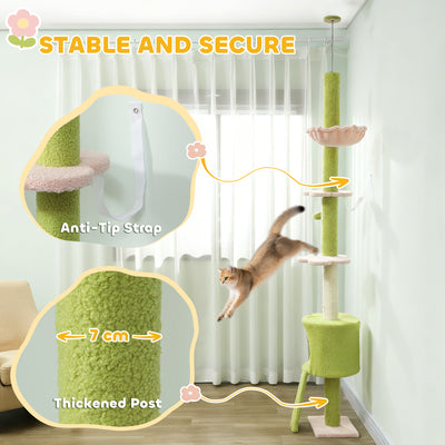 PawHut 220-240 cm Floor to Ceiling Cat Tree Adjustable Height with Hammock, Condo, Scratching Posts, Green 