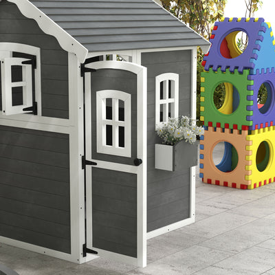 Outsunny Wooden Playhouse for Kids with Doors, Windows, Plant Box, Floors, for Ages 3-8 Years, for Gardens, Lawns, Patios - Grey 